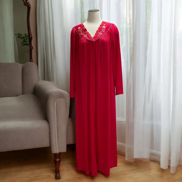 Vintage Red Embroidered Nightgown Floral Long Sleeve Maxi Lounge Elegant Glamour - Picture 1 of 8